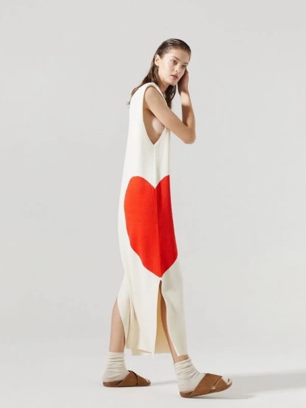 Sleeveless Cream Maxi Dress with Red Heart Graphic